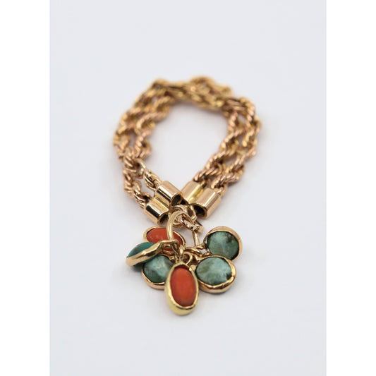 18K Yellow Gold Coral & Turquoise Dangle Double Rope Chain Ring