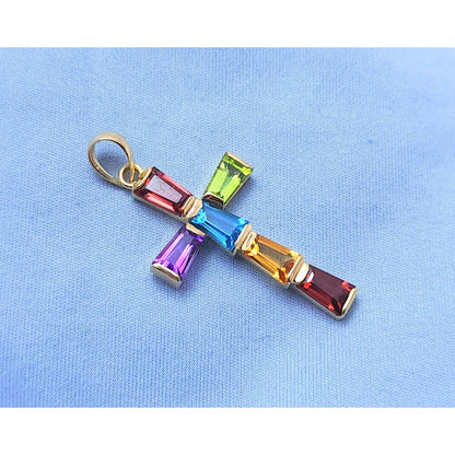 10K Yellow Gold Multi Colored Gemstone Cross Charm Pendant