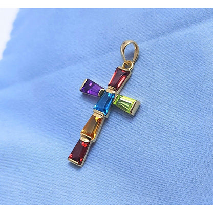 10K Yellow Gold Multi Colored Gemstone Cross Charm Pendant