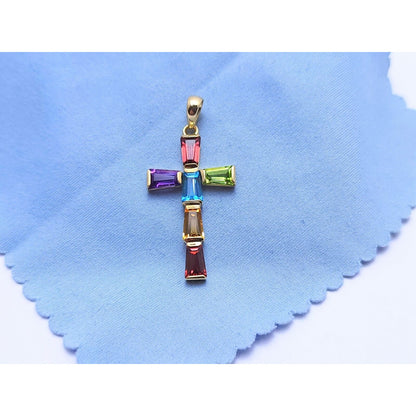 10K Yellow Gold Multi Colored Gemstone Cross Charm Pendant