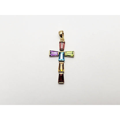 10K Yellow Gold Multi Colored Gemstone Cross Charm Pendant