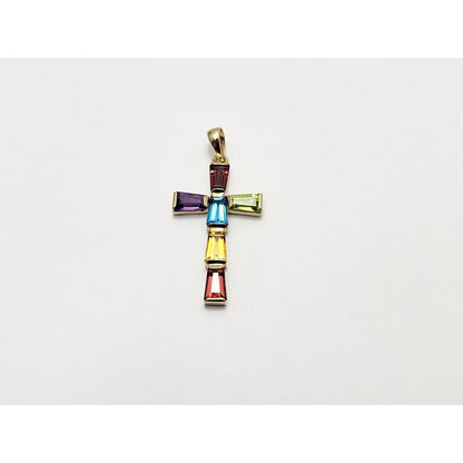 10K Yellow Gold Multi Colored Gemstone Cross Charm Pendant