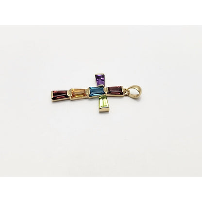 10K Yellow Gold Multi Colored Gemstone Cross Charm Pendant