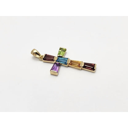 10K Yellow Gold Multi Colored Gemstone Cross Charm Pendant