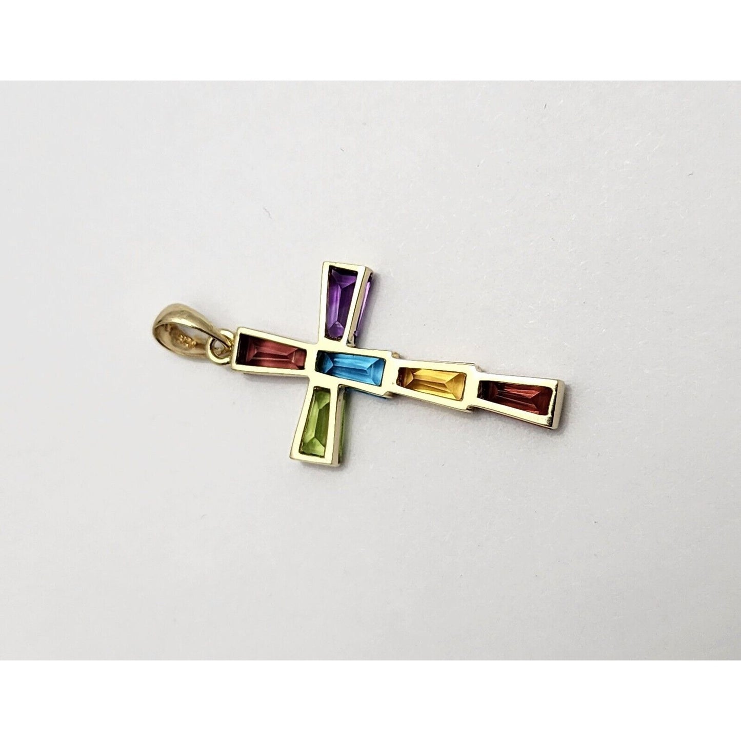 10K Yellow Gold Multi Colored Gemstone Cross Charm Pendant