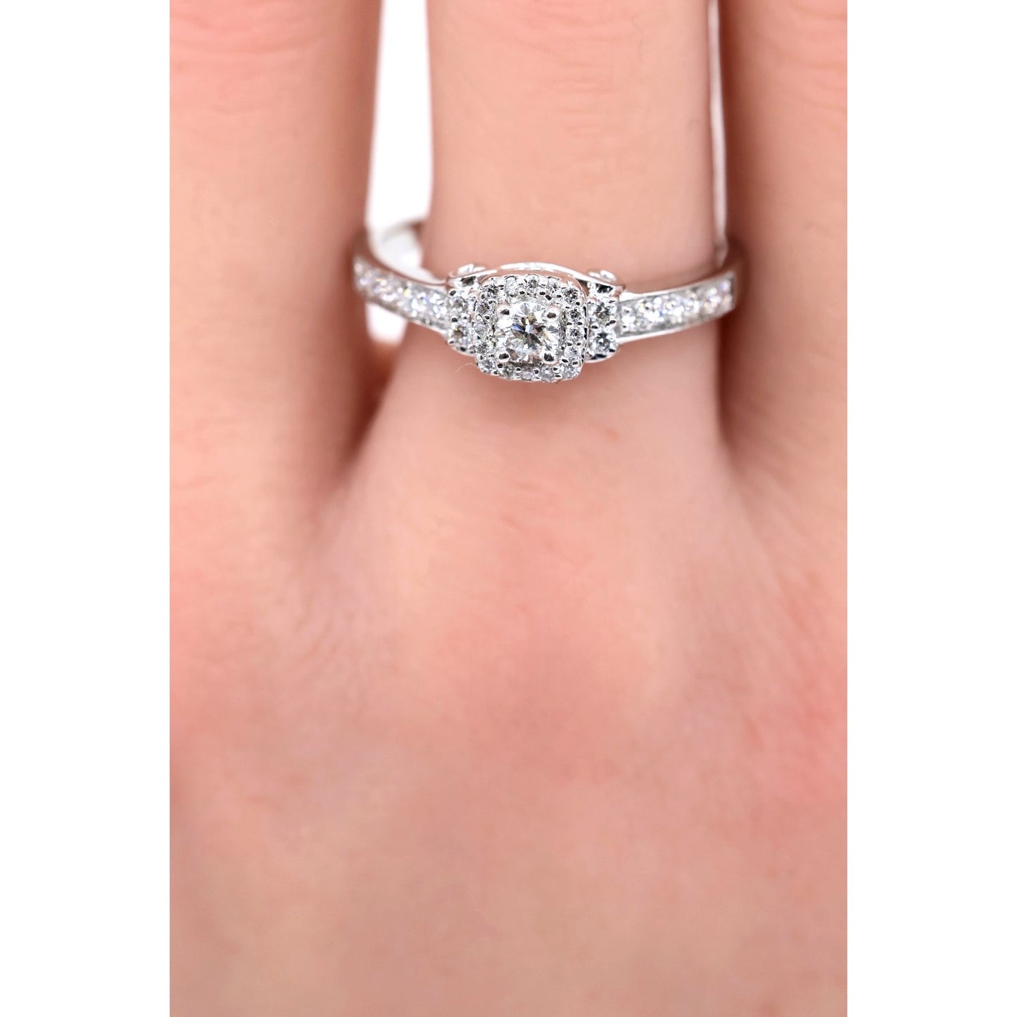 14K White Gold Round Diamond Halo Pave Engagement Ring