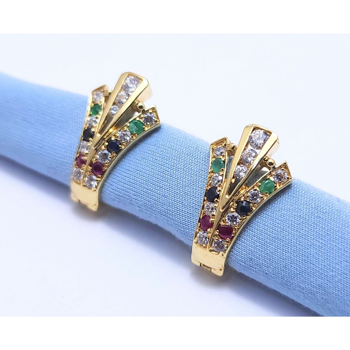 10K Yellow Gold Ruby, Emerald, Sapphire & Cubic Zirconia Hinged Back Earrings