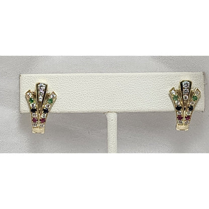 10K Yellow Gold Ruby, Emerald, Sapphire & Cubic Zirconia Hinged Back Earrings