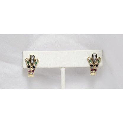 10K Yellow Gold Ruby, Emerald, Sapphire & Cubic Zirconia Hinged Back Earrings