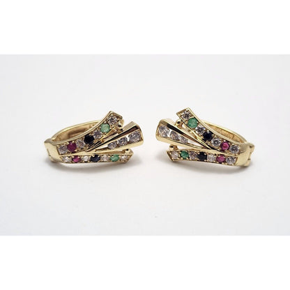 10K Yellow Gold Ruby, Emerald, Sapphire & Cubic Zirconia Hinged Back Earrings