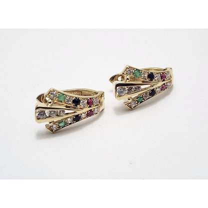 10K Yellow Gold Ruby, Emerald, Sapphire & Cubic Zirconia Hinged Back Earrings