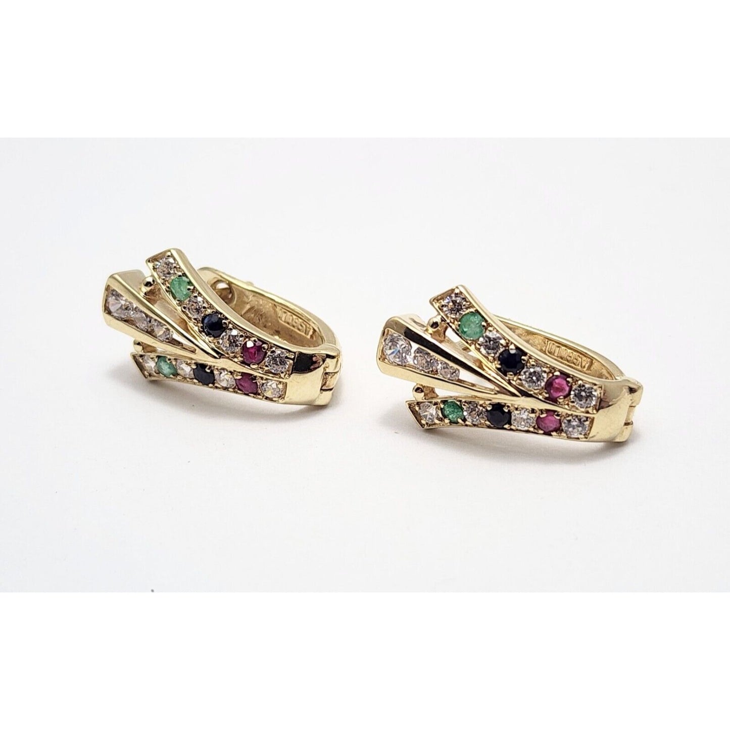 10K Yellow Gold Ruby, Emerald, Sapphire & Cubic Zirconia Hinged Back Earrings