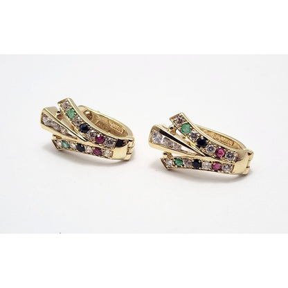 10K Yellow Gold Ruby, Emerald, Sapphire & Cubic Zirconia Hinged Back Earrings