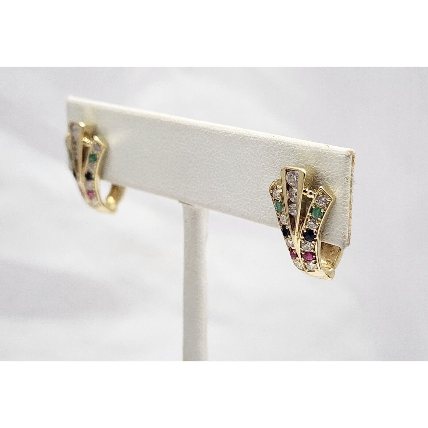 10K Yellow Gold Ruby, Emerald, Sapphire & Cubic Zirconia Hinged Back Earrings