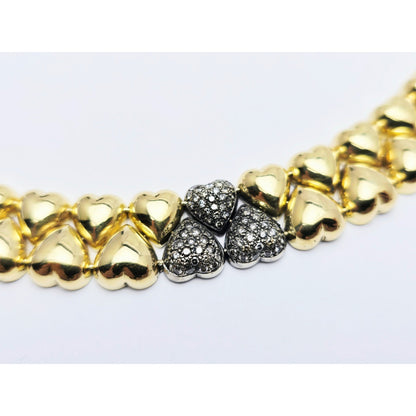 18K Two Tone Gold Antique Multi Heart Diamond Choker Link Necklace