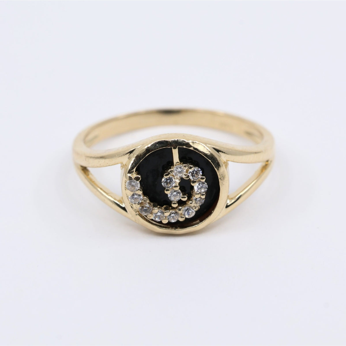 14K Yellow Gold Black Onyx & CZ Spiral Design Ring