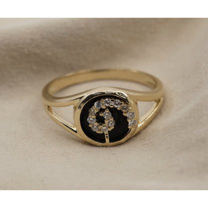 14K Yellow Gold Black Onyx & CZ Spiral Design Ring