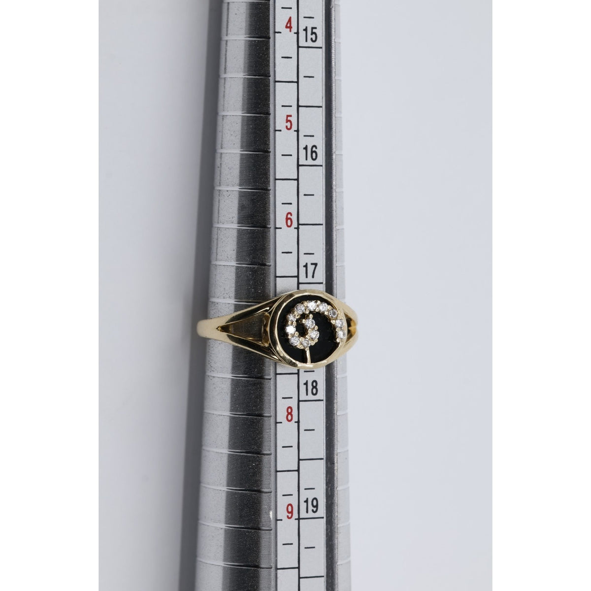 14K Yellow Gold Black Onyx & CZ Spiral Design Ring