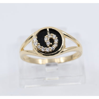 14K Yellow Gold Black Onyx & CZ Spiral Design Ring