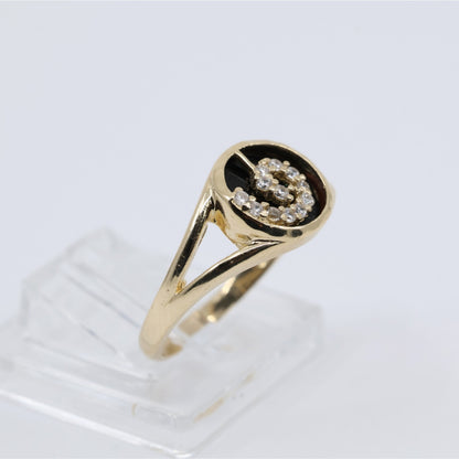 14K Yellow Gold Black Onyx & CZ Spiral Design Ring