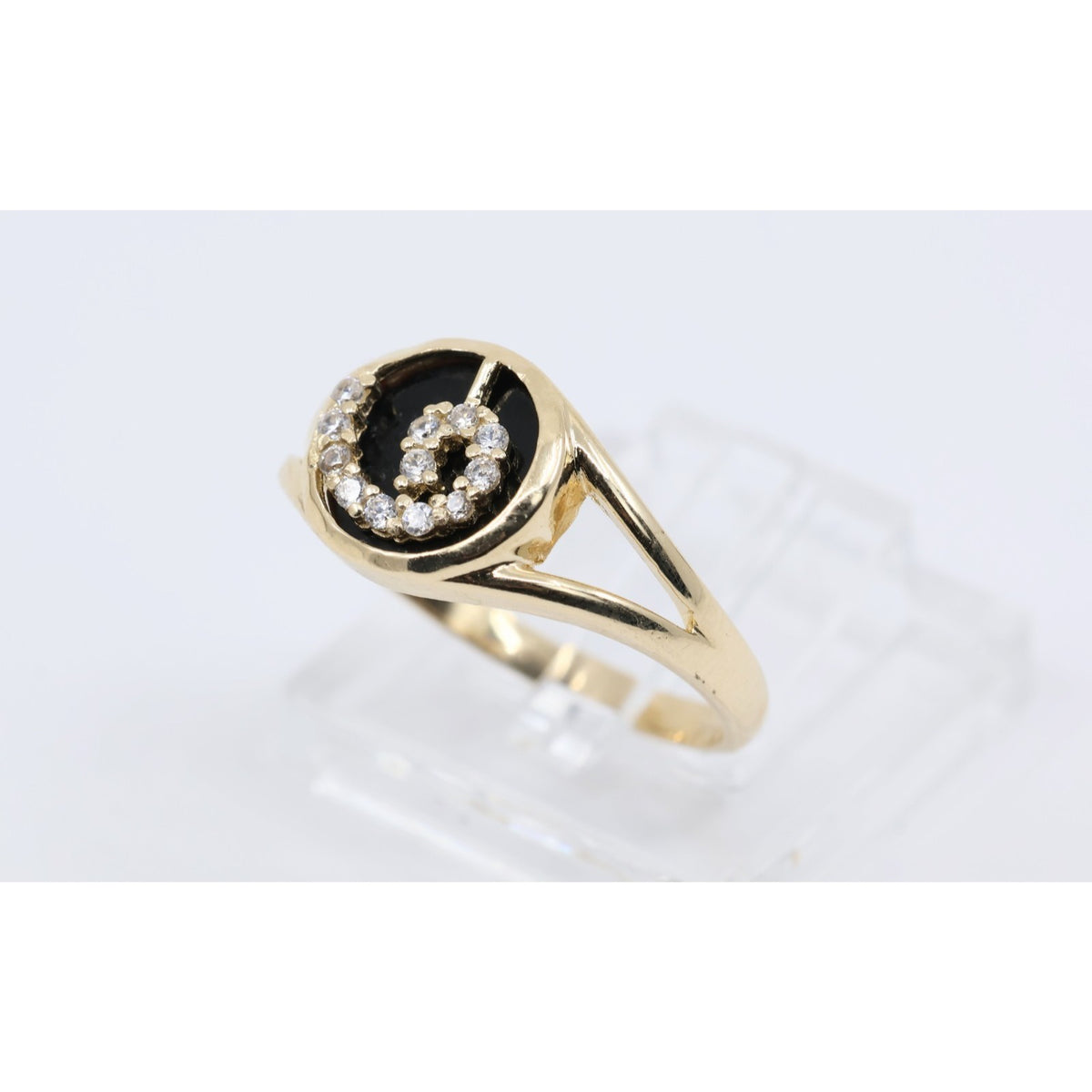 14K Yellow Gold Black Onyx & CZ Spiral Design Ring