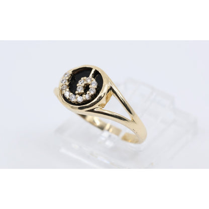 14K Yellow Gold Black Onyx & CZ Spiral Design Ring