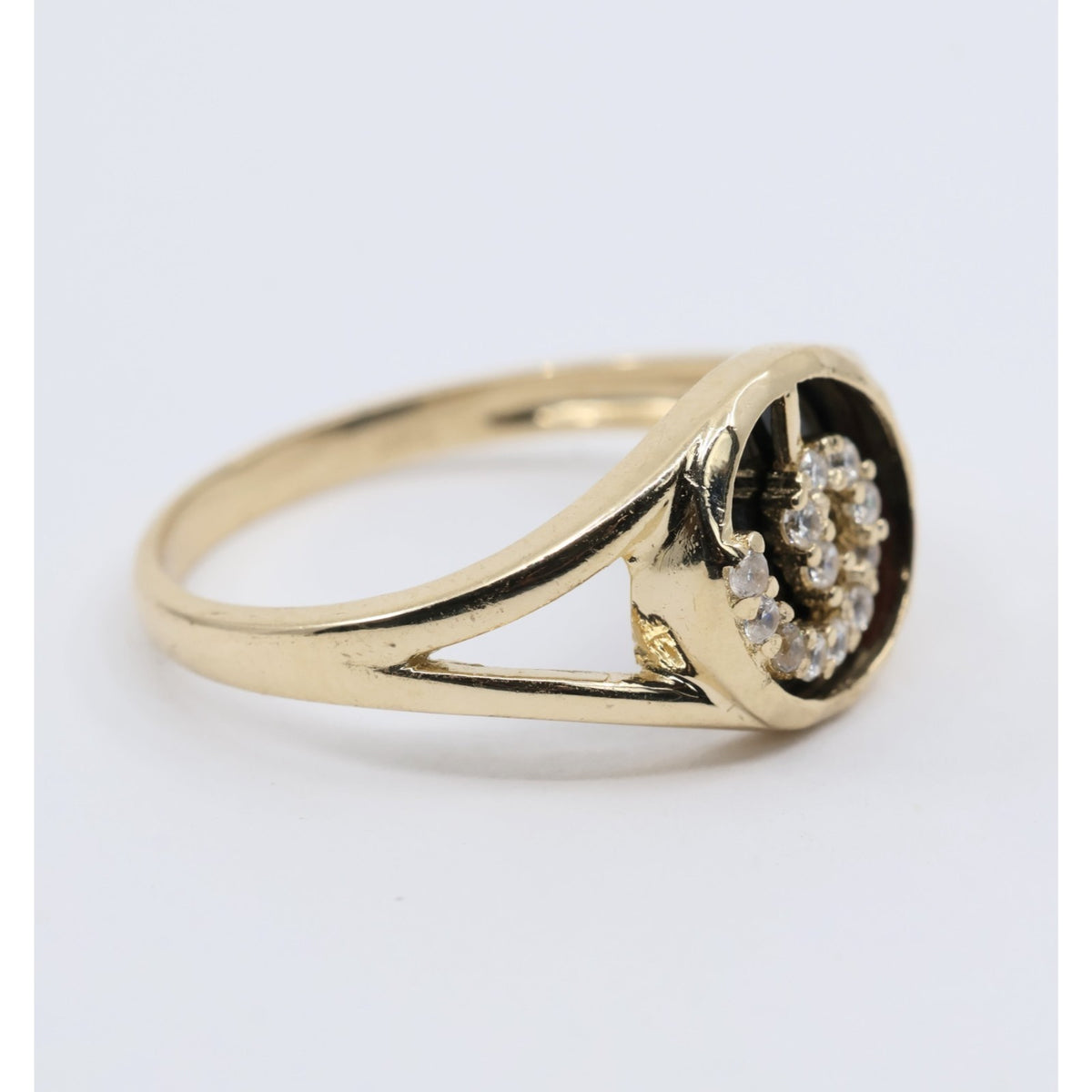 14K Yellow Gold Black Onyx & CZ Spiral Design Ring