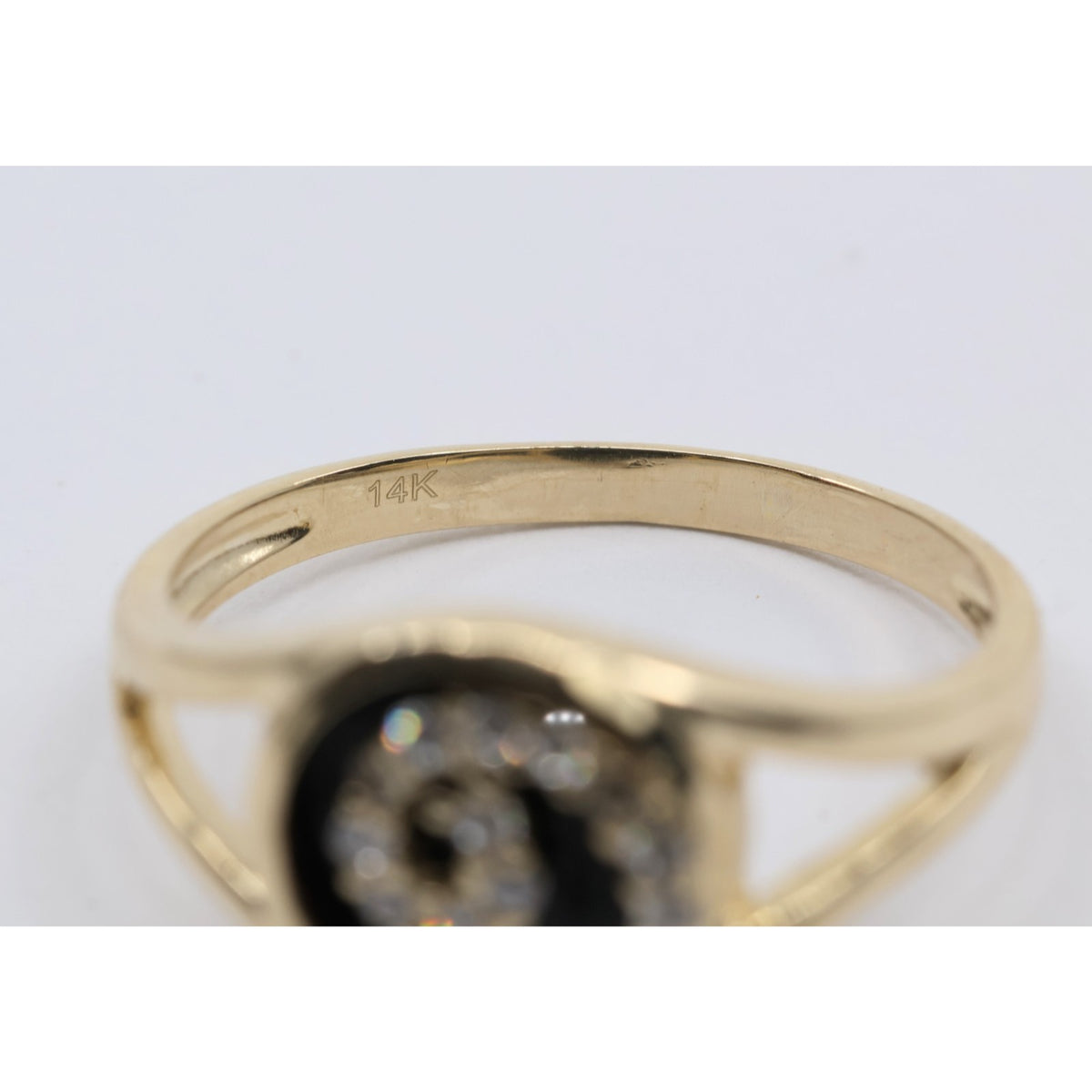 14K Yellow Gold Black Onyx & CZ Spiral Design Ring