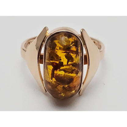 Vintage 14K Rose Gold Oval Amber Ring