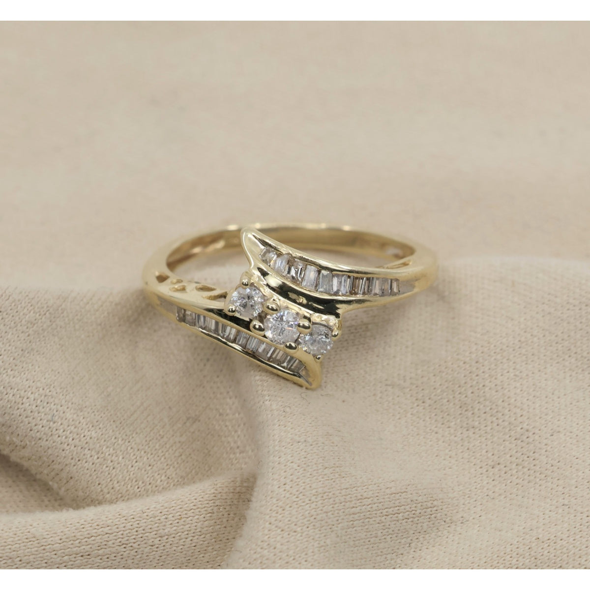 10K Yellow Gold Round & Baguette Cut Diamond Bypass Ring