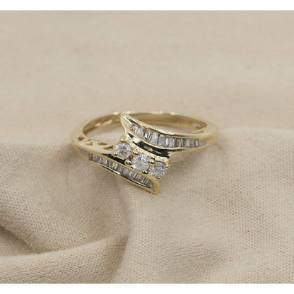 10K Yellow Gold Round & Baguette Cut Diamond Bypass Ring