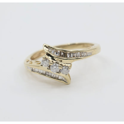 10K Yellow Gold Round & Baguette Cut Diamond Bypass Ring