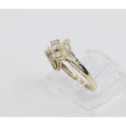 10K Yellow Gold Round & Baguette Cut Diamond Bypass Ring