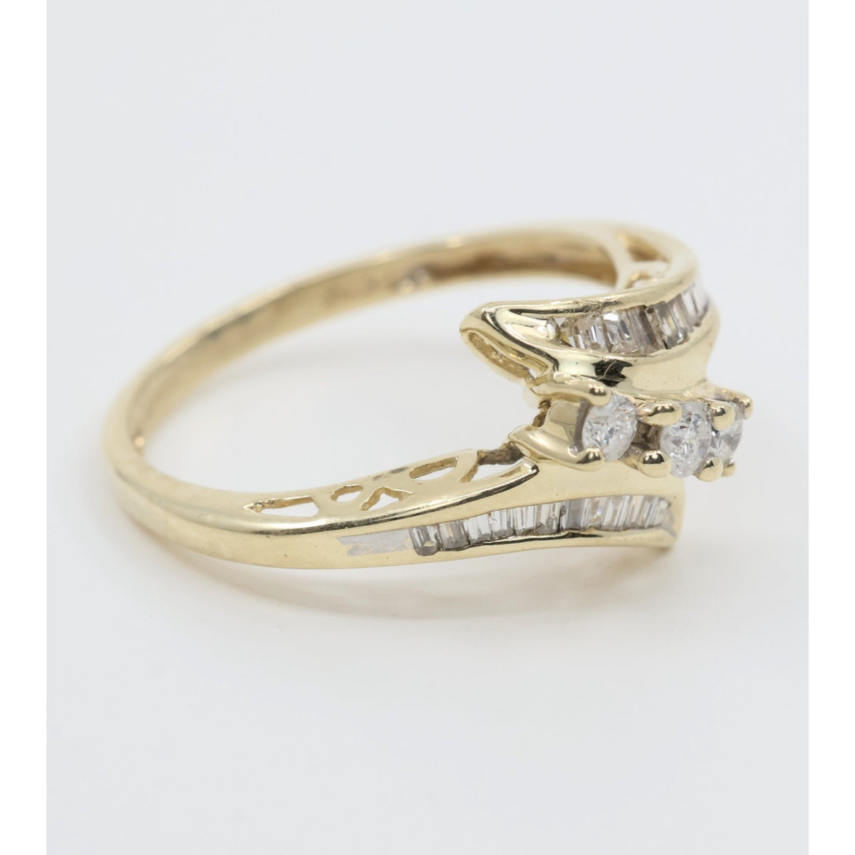 10K Yellow Gold Round & Baguette Cut Diamond Bypass Ring