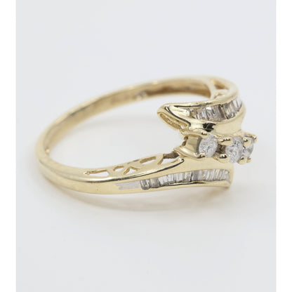 10K Yellow Gold Round & Baguette Cut Diamond Bypass Ring