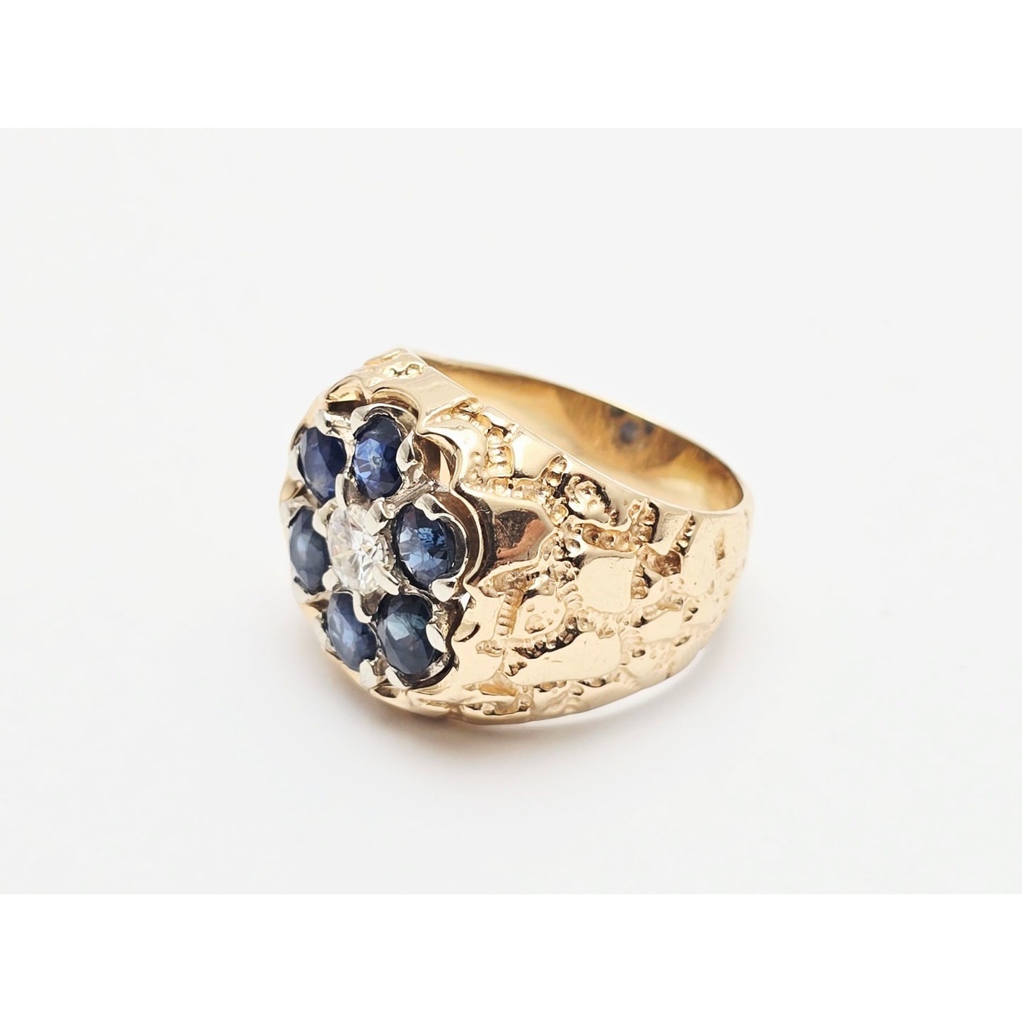 14K Yellow Gold Men's Sapphire & Moissanite Nugget Ring
