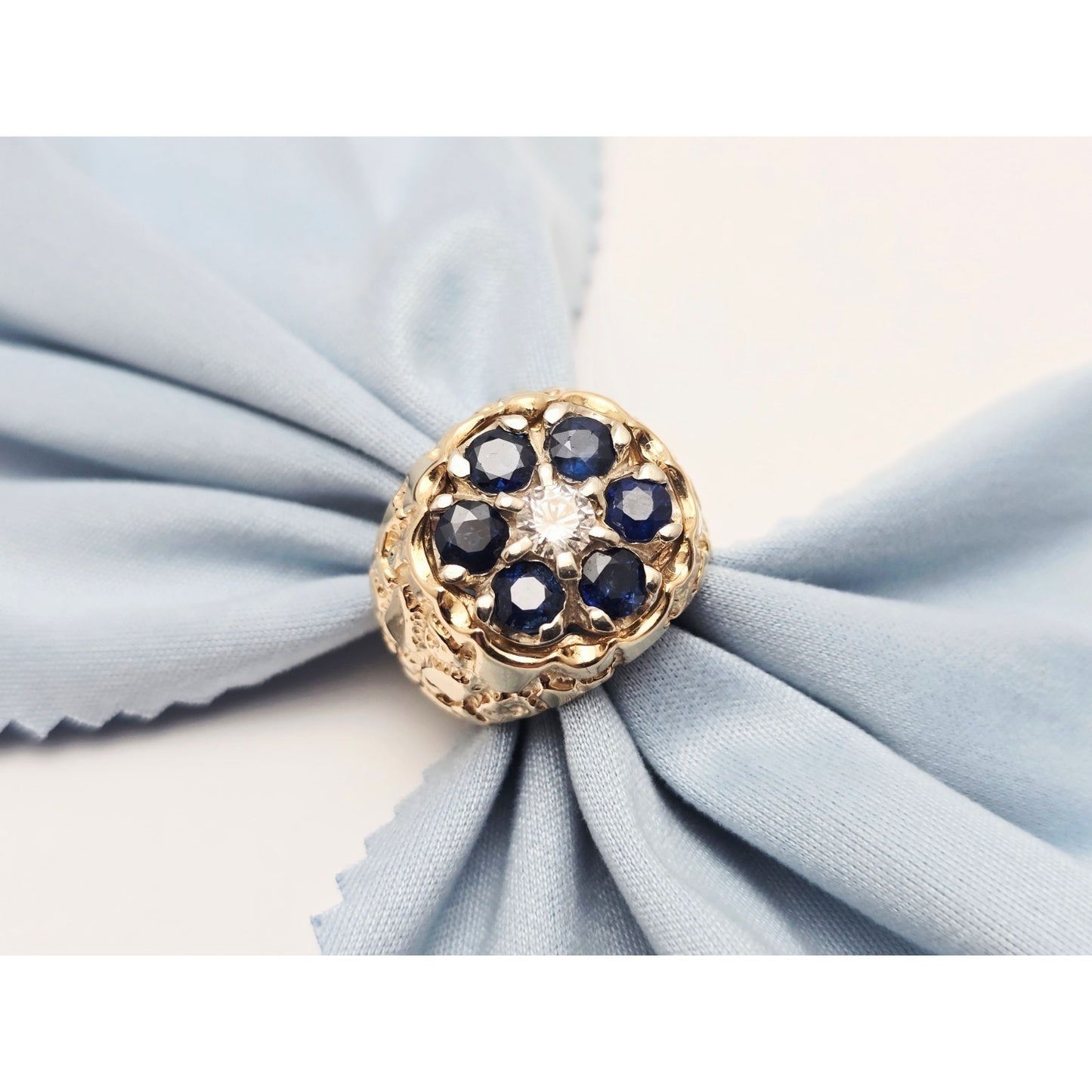 14K Yellow Gold Men's Sapphire & Moissanite Nugget Ring