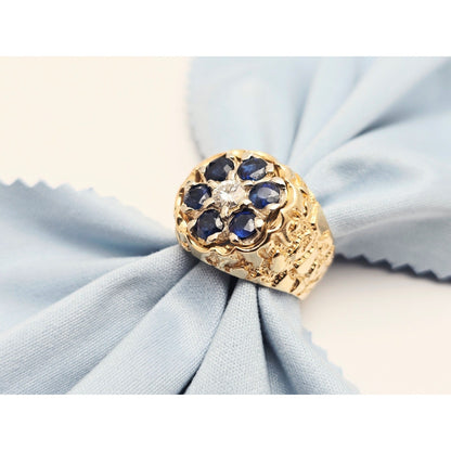 14K Yellow Gold Men's Sapphire & Moissanite Nugget Ring