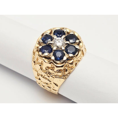 14K Yellow Gold Men's Sapphire & Moissanite Nugget Ring