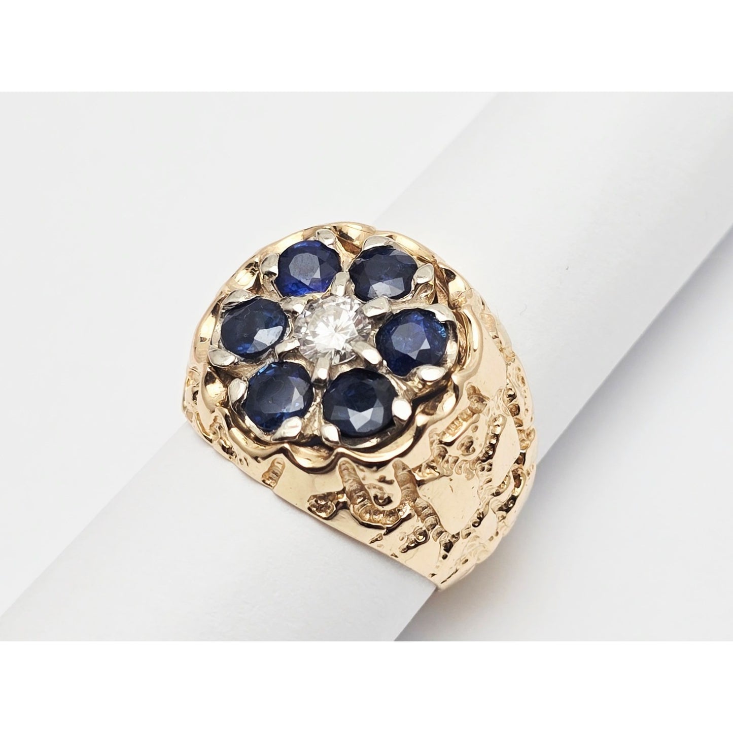14K Yellow Gold Men's Sapphire & Moissanite Nugget Ring