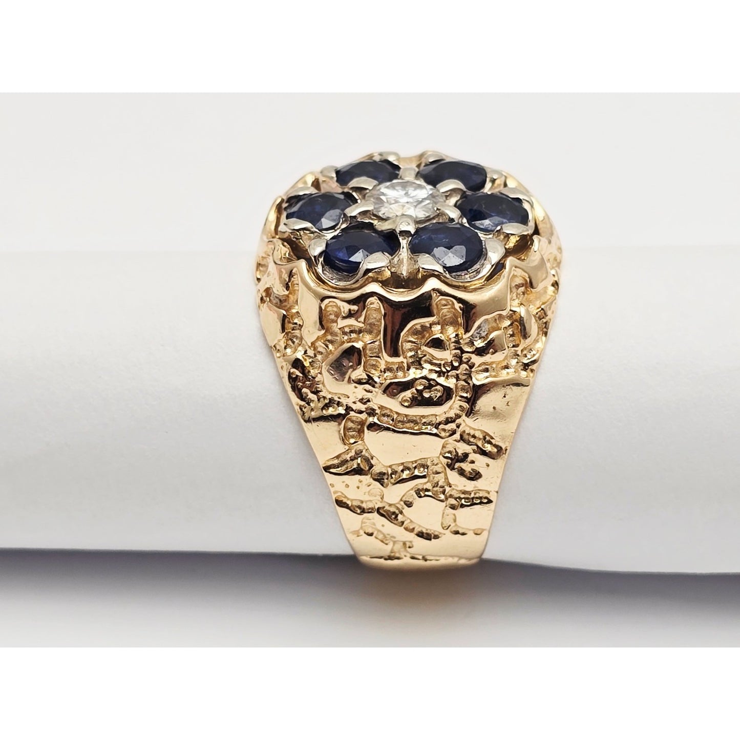 14K Yellow Gold Men's Sapphire & Moissanite Nugget Ring