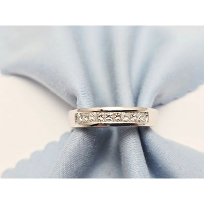 14K White Gold Single Row Princess Cut Diamond Wedding Band Ring