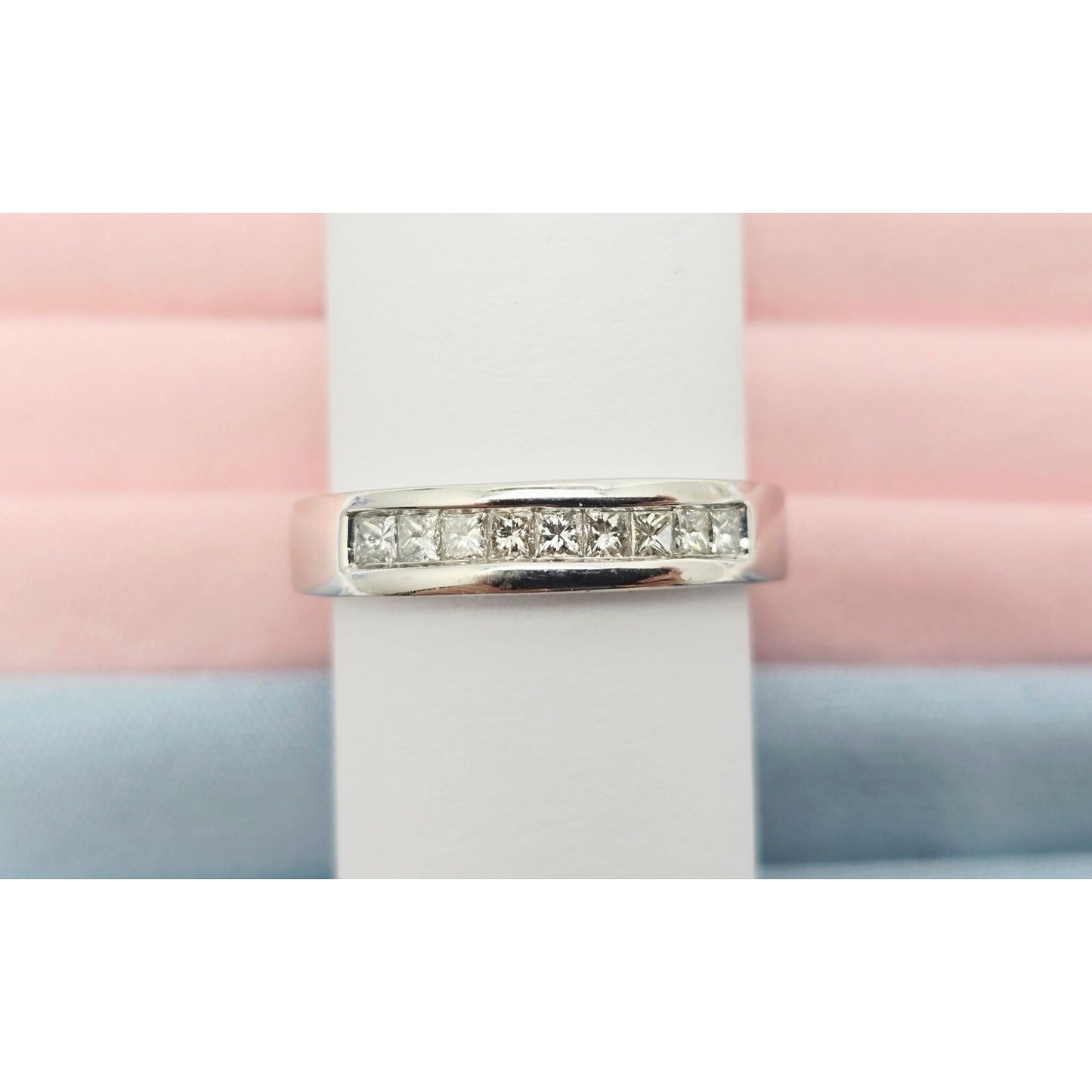14K White Gold Single Row Princess Cut Diamond Wedding Band Ring