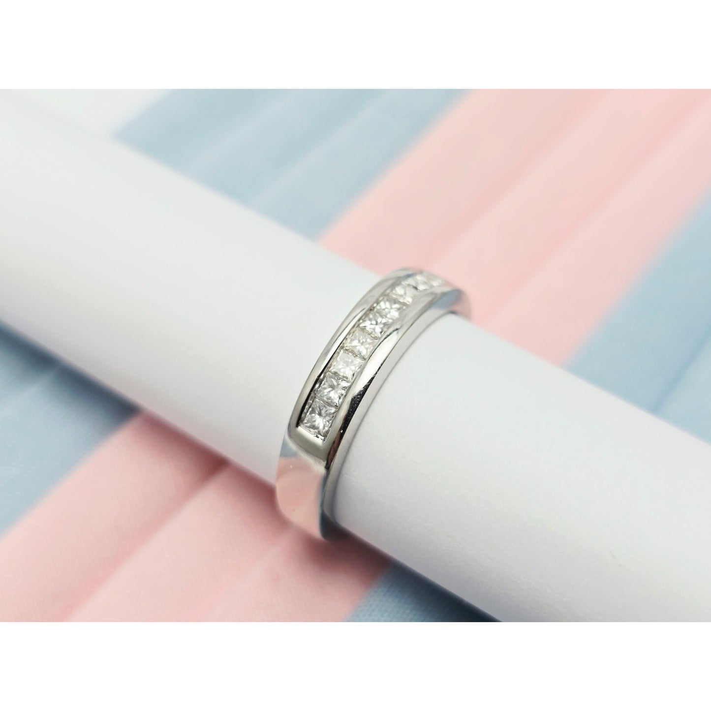 14K White Gold Single Row Princess Cut Diamond Wedding Band Ring