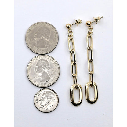 14K Yellow Gold Drop Dangle Rounded Paper Clip Style Stud Earrings
