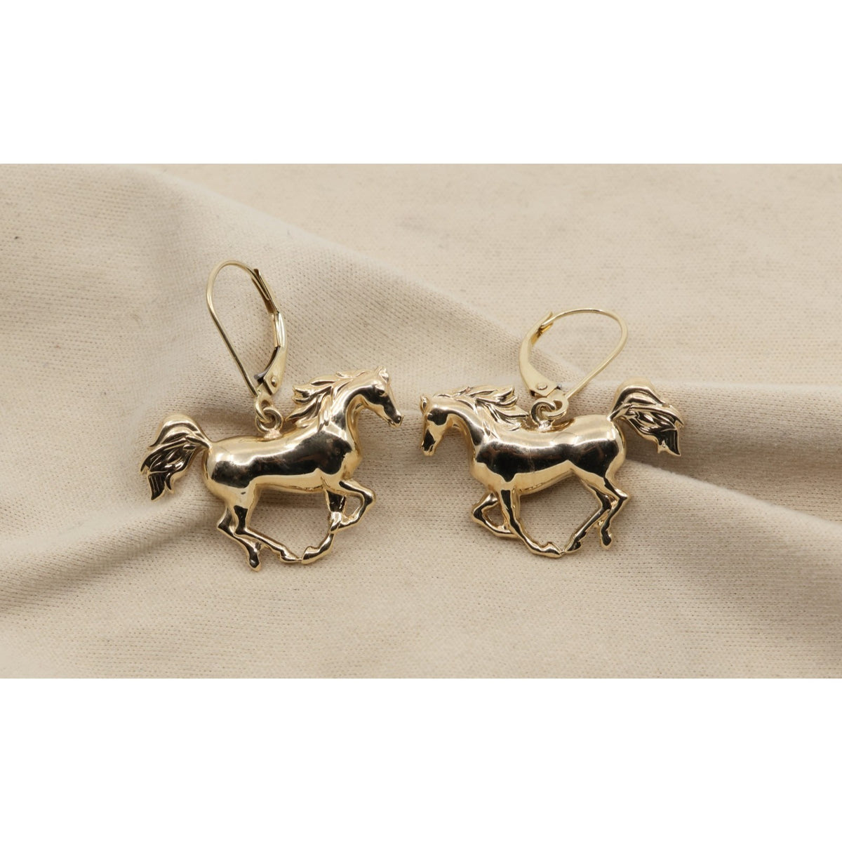 14K Yellow Gold Lever Back Dangle 3D Horse Earrings