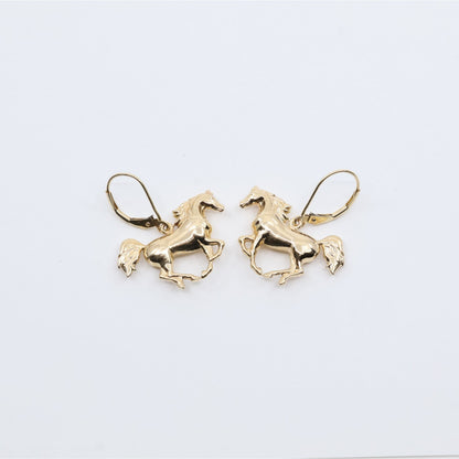 14K Yellow Gold Lever Back Dangle 3D Horse Earrings