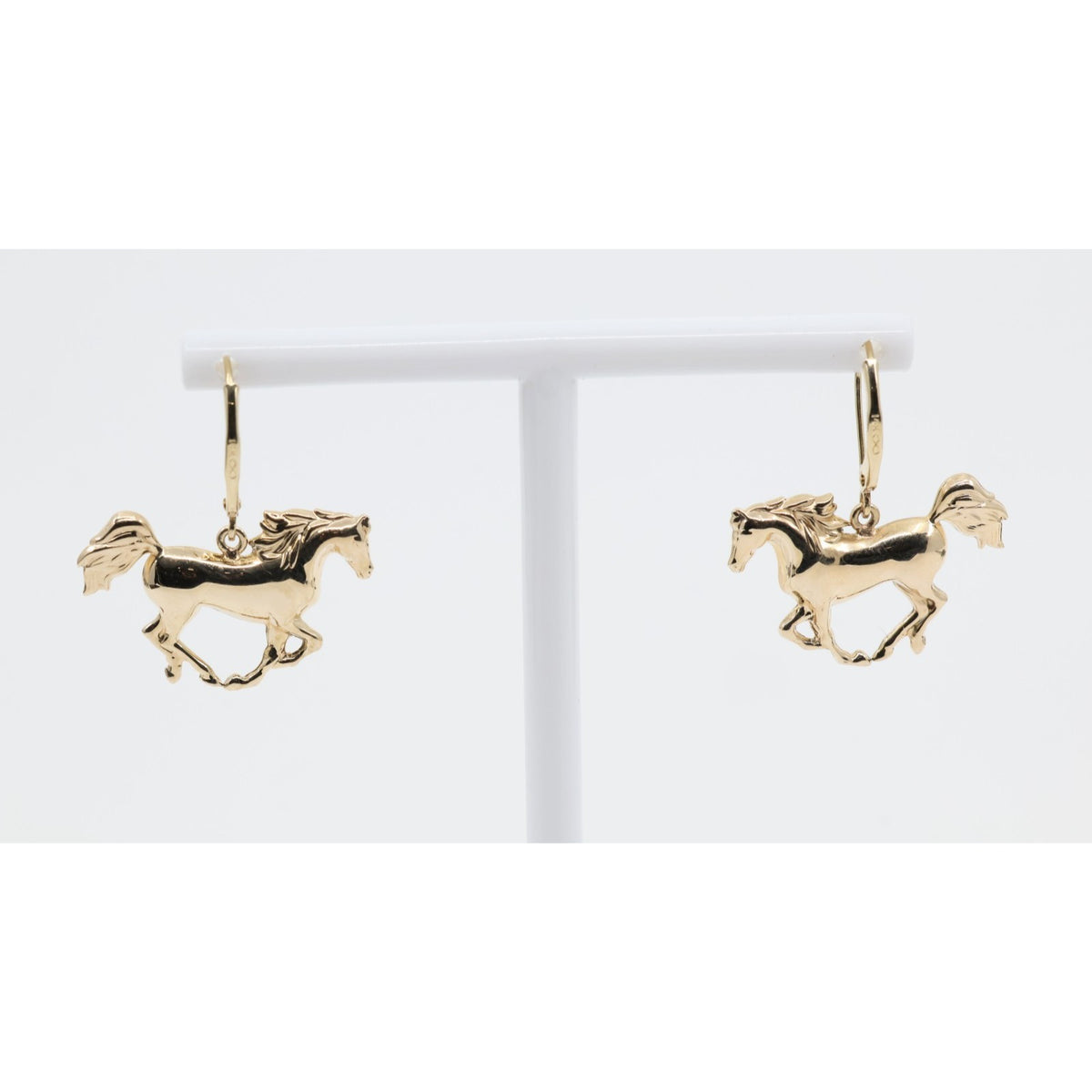 14K Yellow Gold Lever Back Dangle 3D Horse Earrings