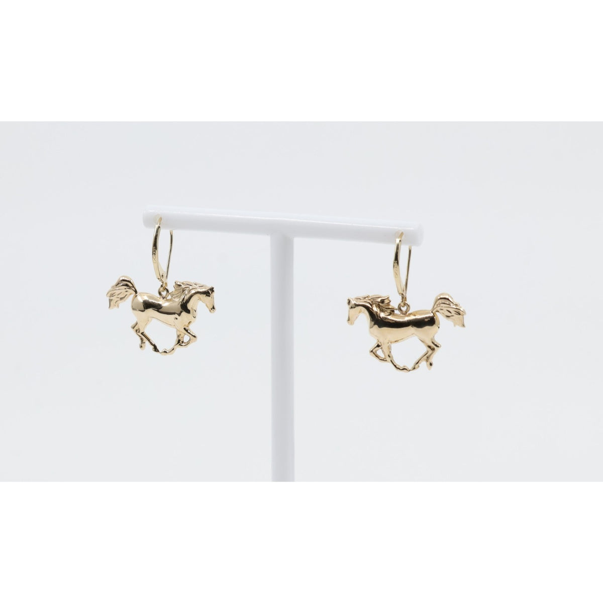 14K Yellow Gold Lever Back Dangle 3D Horse Earrings