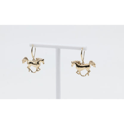 14K Yellow Gold Lever Back Dangle 3D Horse Earrings